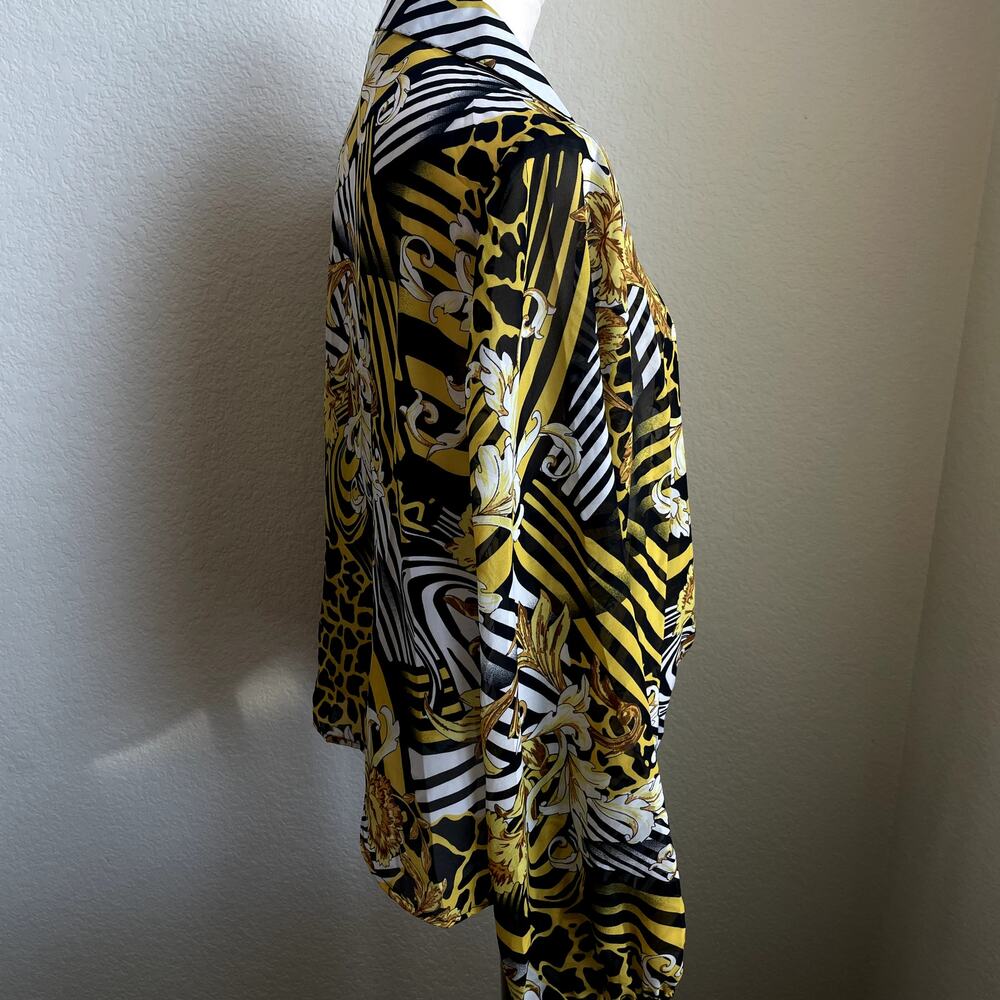 Love J yellow Black Baroque print chiffon sheer long sleeve blouse women plus 2X - Picture 5 of 8